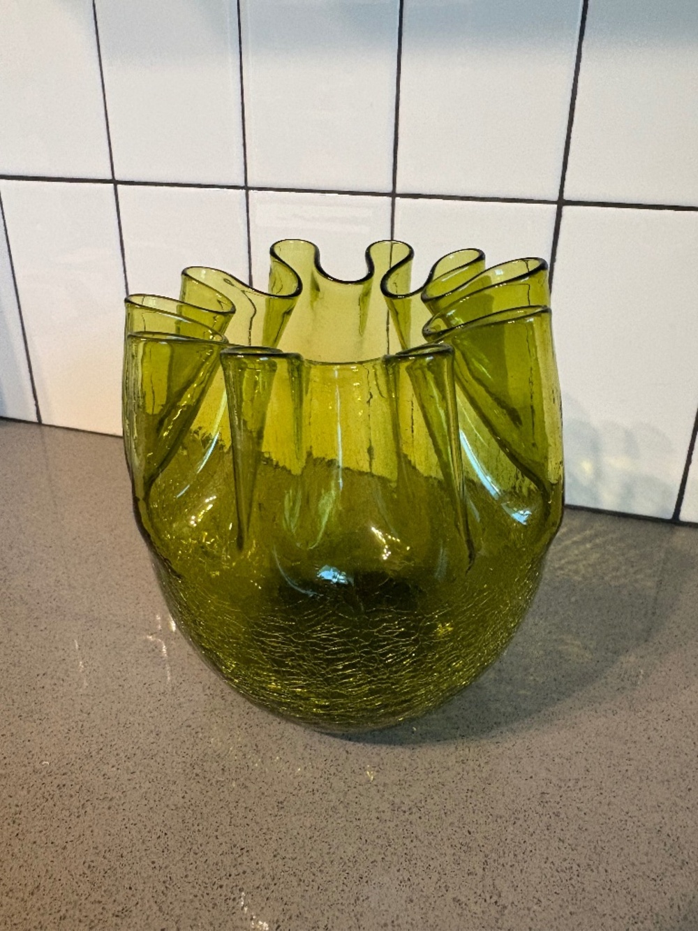 Blenko crackle glass bowl / vase with ruffled rim - avocado green